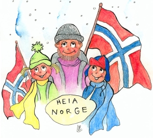 Far, Mia og Marius som heier på Norge